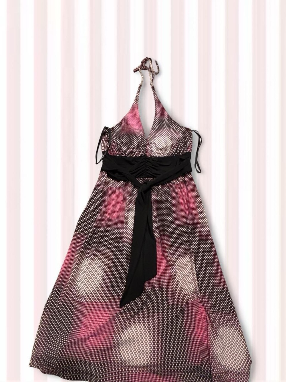 My Michelle Pink and Black Halter Mesh Chemise with Waist Sash